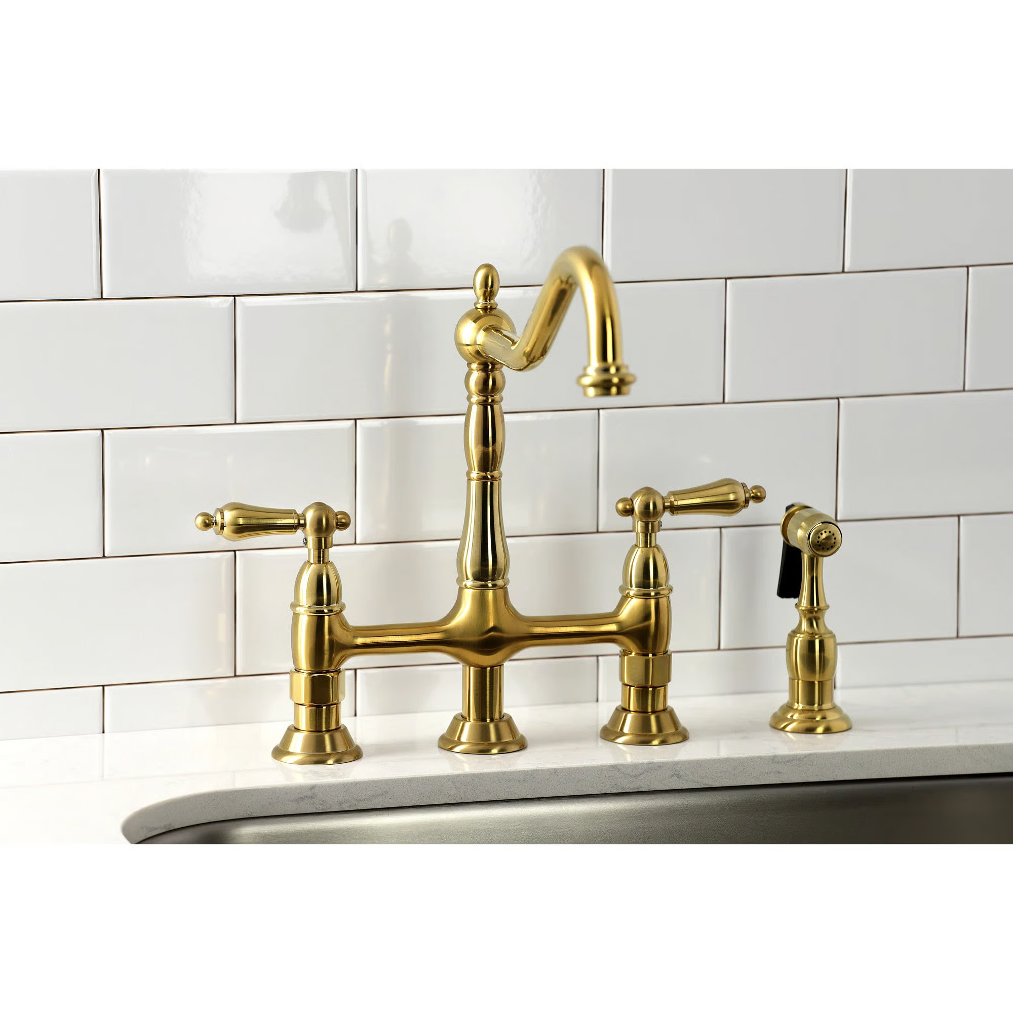 Kingston Brass Heritage Two-Handle 4-Hole Deck Mount Bridge Kitchen Faucet with Brass Side Spraye... | Wayfair North America