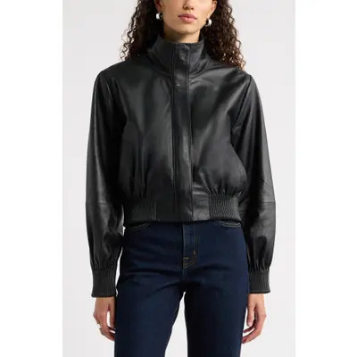 Nordstrom Funnel Neck Leather Bomber Jacket in Black at Nordstrom, Size Medium | Nordstrom