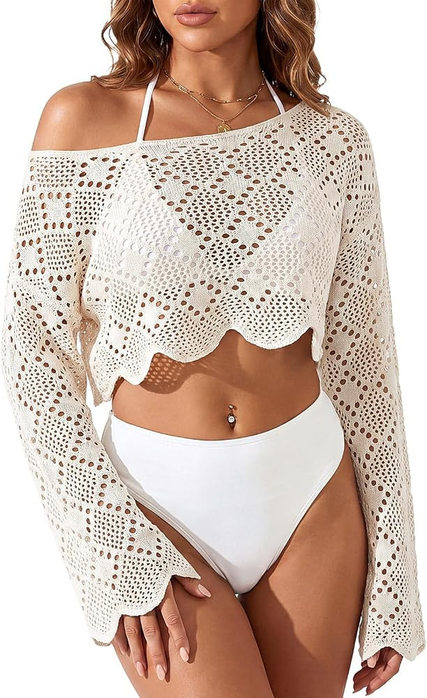 Women's Crochet Swimsuit Cover up Summer Off Shoulder Long Sleeve Hollow Beach Tunic, Bikini Swim... | Amazon (US)