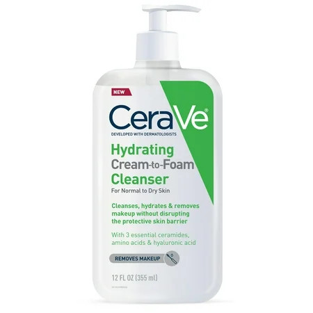 CeraVe Face Wash Hydrating Cream-to-Foam Cleanser Makeup Remover Hyaluronic Acid Fragrance Free 12 fl oz | Walmart (US)