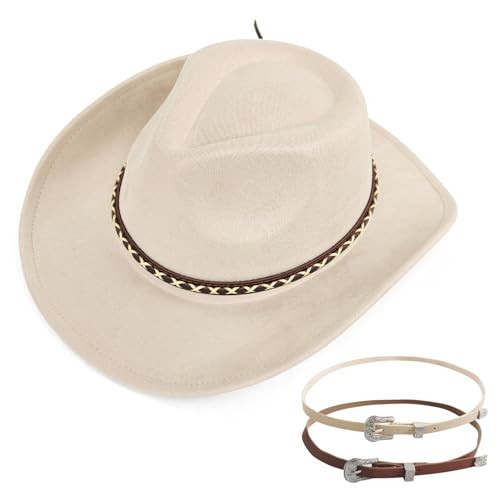 Cowboy Hat for Men and Women – Classic Fedora Style Felt Western Hat with 3 Accessories, Vintage Rancher Hat for Travel, Festivals, and Daily Wear(Off White) | Amazon (US)