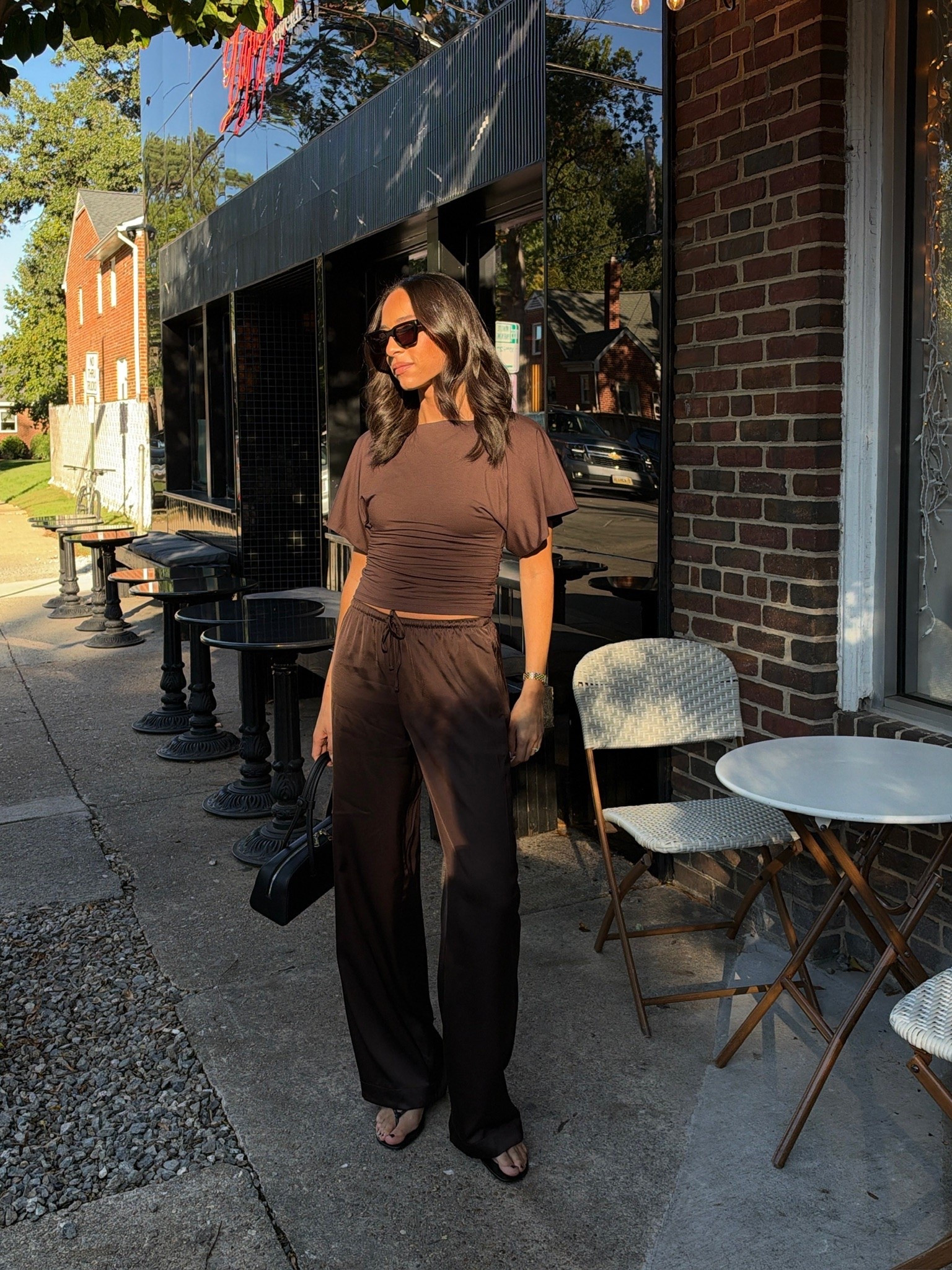 Perfect fall date night outfit that’s elevated but still so comfy! The chocolate brown color of these pants is stunning! Wearing size S top and XS Long satin pants - I’m 5’8” for reference 🤎

fall outfit, fall fashion, dinner outfit, fall transitional outfit, satin pants outfit