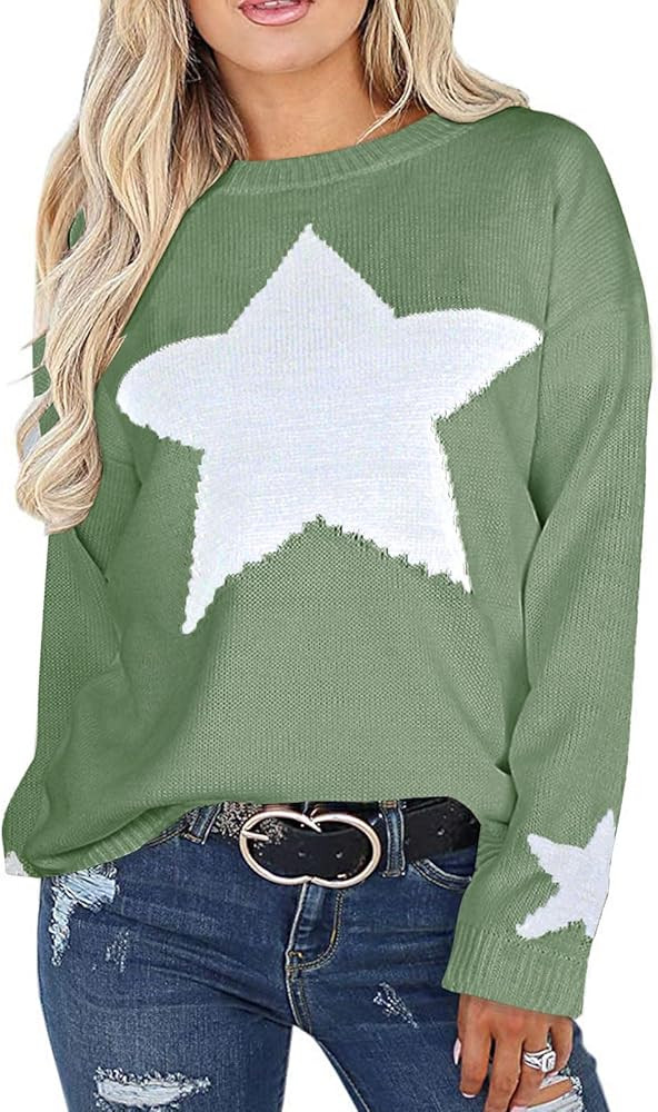 shermie Womens Star Graphic Sweaters Long Sleeve Crew Neck Casual Cable Knit Pullover Sweater | Amazon (US)