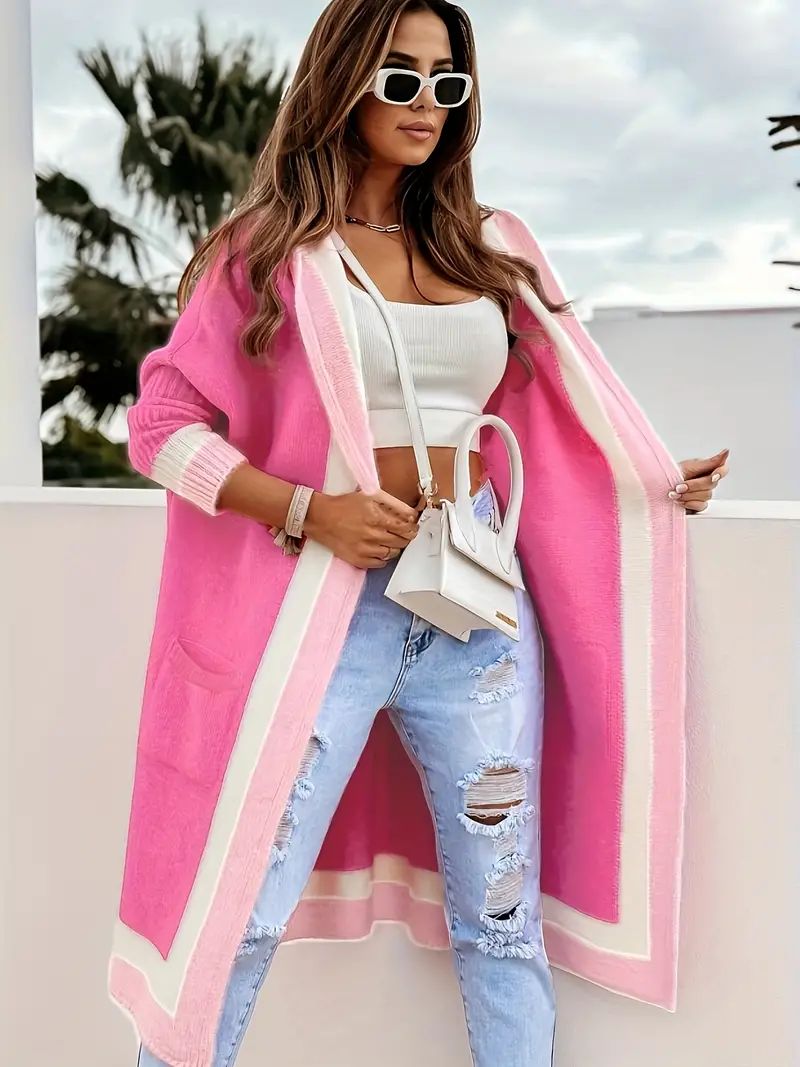 Color Block Open Front Knit Cardigan, Casual Long Sleeve Oversized Hooded Sweater Coat, Women's C... | Temu Affiliate Program