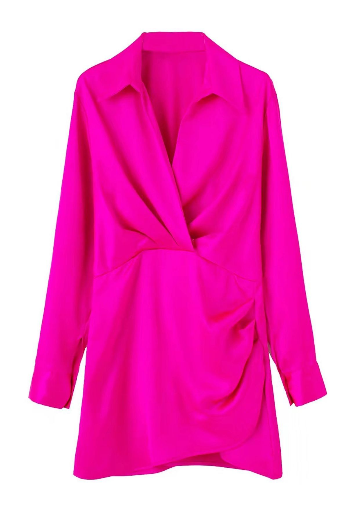 V-Neck Ruched Front Satin Shirt Dress in Magenta | Chicwish