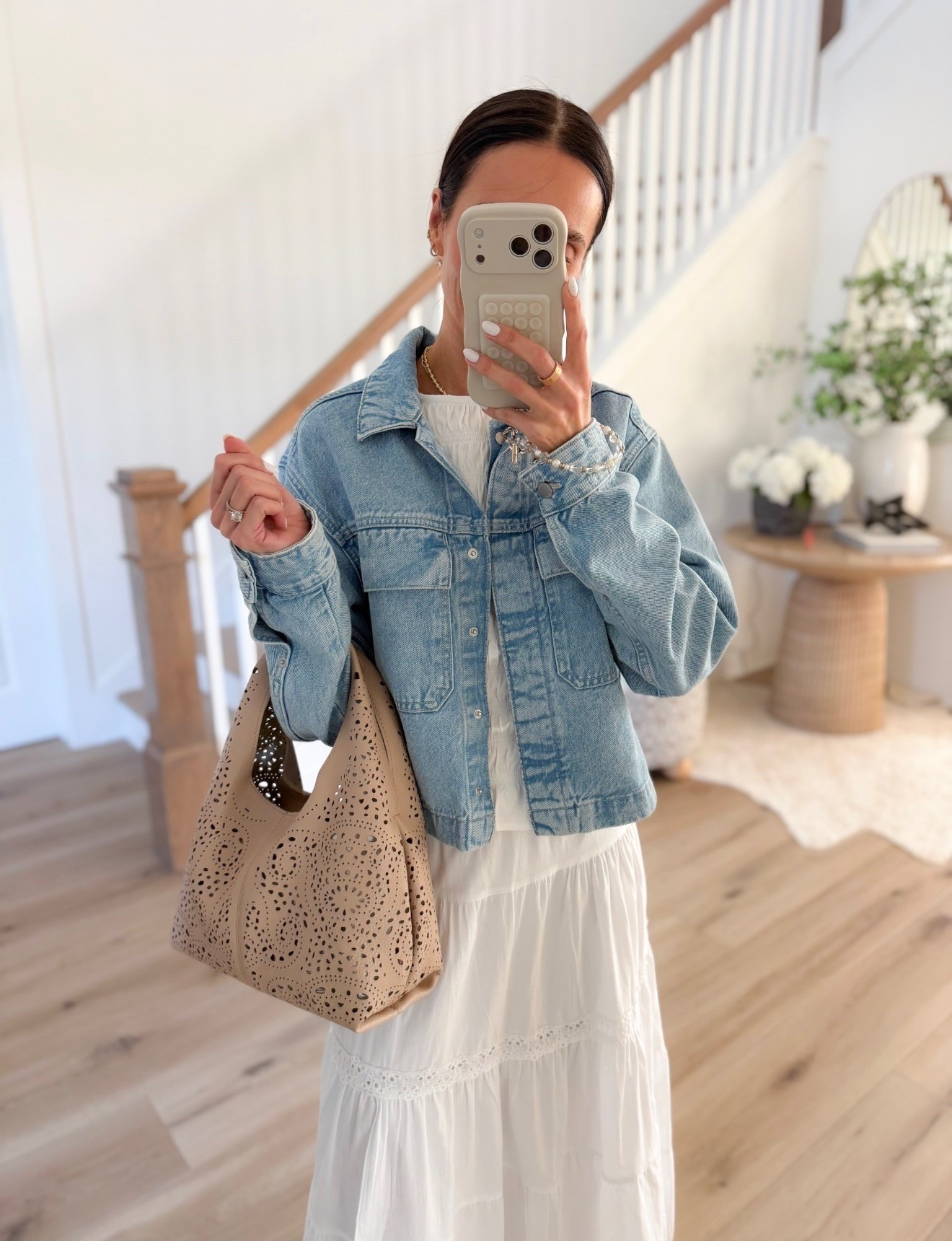 this combo is so easy and pretty. a flowy dress + a denim jacket just always works… it gives that effortless, put together look without overthinking it. perfect for spring days, errands, or casual dinners

spring outfit, denim jacket outfit, casual chic, everyday style, feminine outfit, easy layering, neutral outfit, annabrstyle 

#LTKOver40 #LTKSeasonal #LTKootd