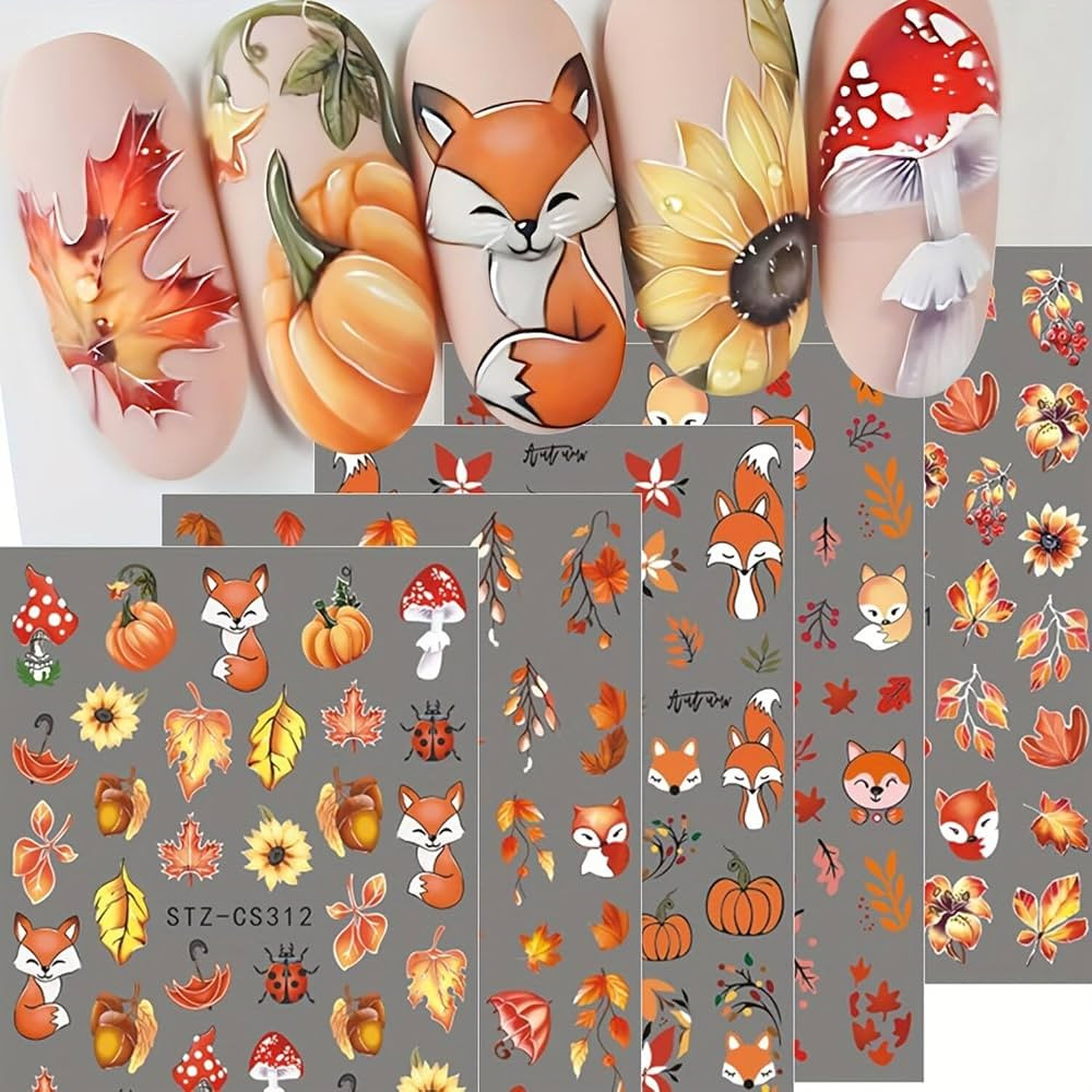5 Sheets Fall Nail Art Stickers Maple Leaves Nail Decals 3D Self Adhesive Nail Stickers Decals Cu... | Amazon (US)