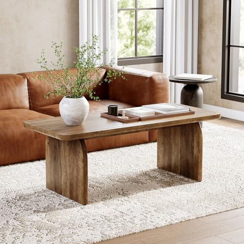 LITTLE TREE Farmhouse Coffee Table, 47 Inches Wooden Center Tables with Rounded Corners, Rectangular Living Room Tables, Modern Low Cocktail Tea Furniture for Living Room (Rustic Brown) | Amazon (US)