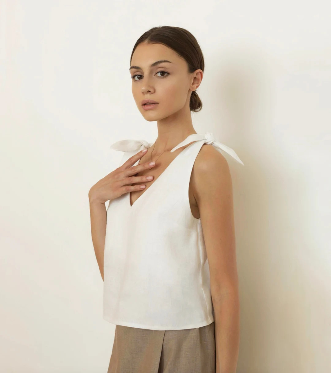 Linen Top With Tie Straps Sleeveless Summer Blouse Tank Top V Neck Slip Top - Etsy | Etsy (US)