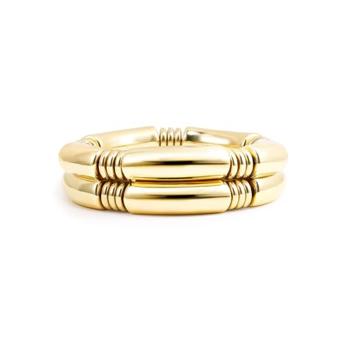 Badu 2pcs Gold Chunky Bangles Bracelets For Women 14k Gold Plated Stack Layered Curved Bamboo Tube Stretch Bracelets Gift Jewelry | Amazon (US)