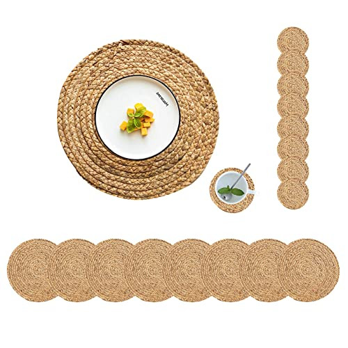CY SISTERS Round Placemats Set of 8 with 8 Coasters Natural Extra Wide Woven Placemats Farmhouse Braided Placemat Boho Straw Placemats Wipeable Circle Wicker Outdoor Placemats for Patio Table 13.4'' | Amazon (US)