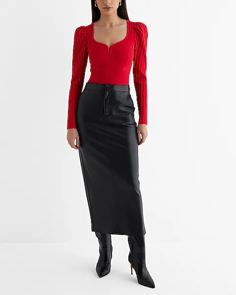 Ribbed Sweetheart Neckline Puff Sleeve Sweater | Express