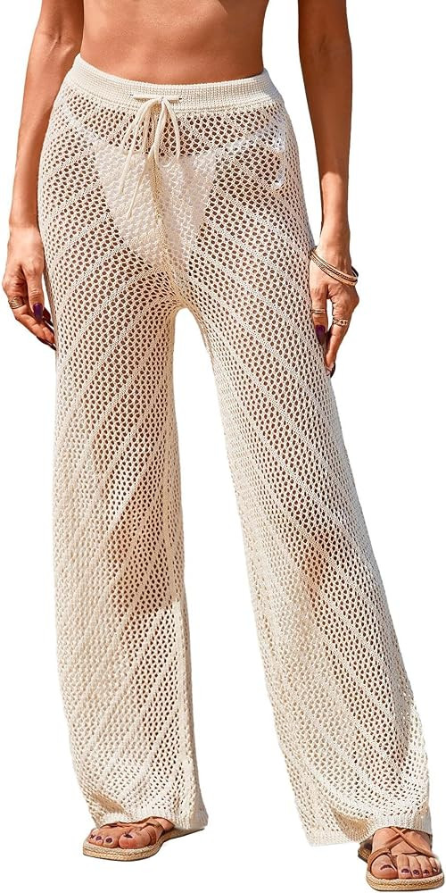 Womens Beach Crochet Bathing Swim Suit Elastic Waist Coverup Pants Summer | Amazon (US)