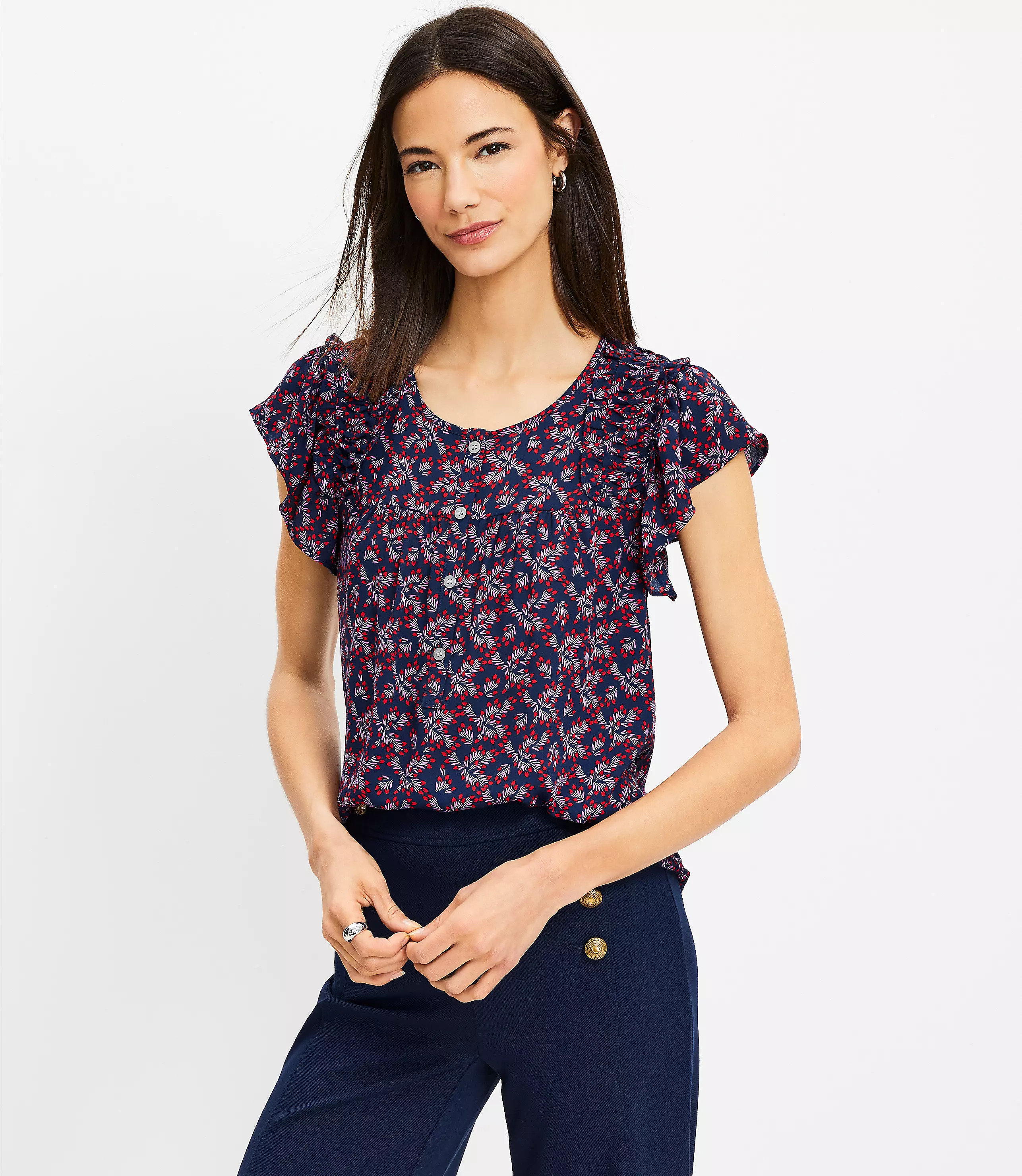 Heart Bouquet Flutter Sleeve Henley Mixed Media Shell | LOFT