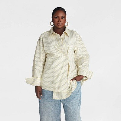 KBB by KAHLANA Women's Long Sleeve Button-Down 'The Wrap Shirt' - Yellow Striped 4X | Target