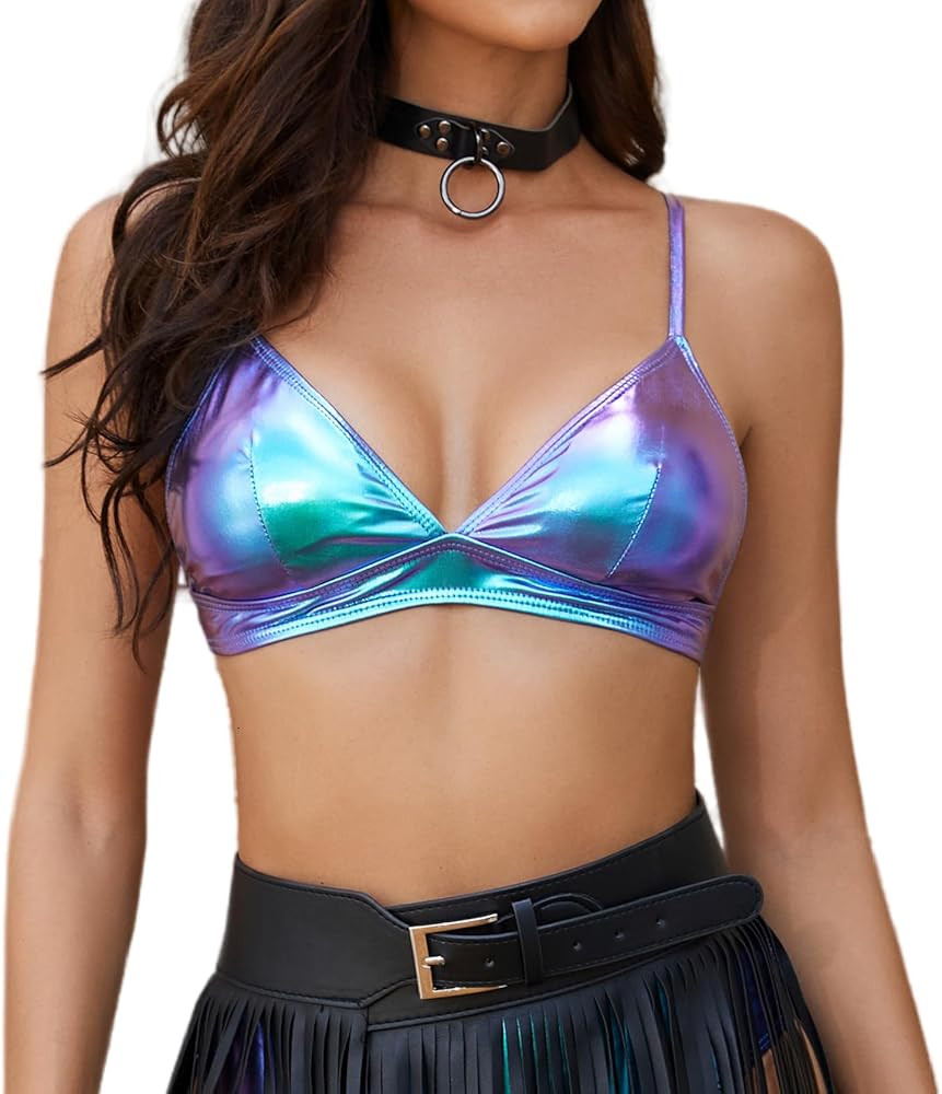 Women's Metallic Crop Tops Shiny Light-Support Rave Bra Swimsuit Top | Amazon (US)