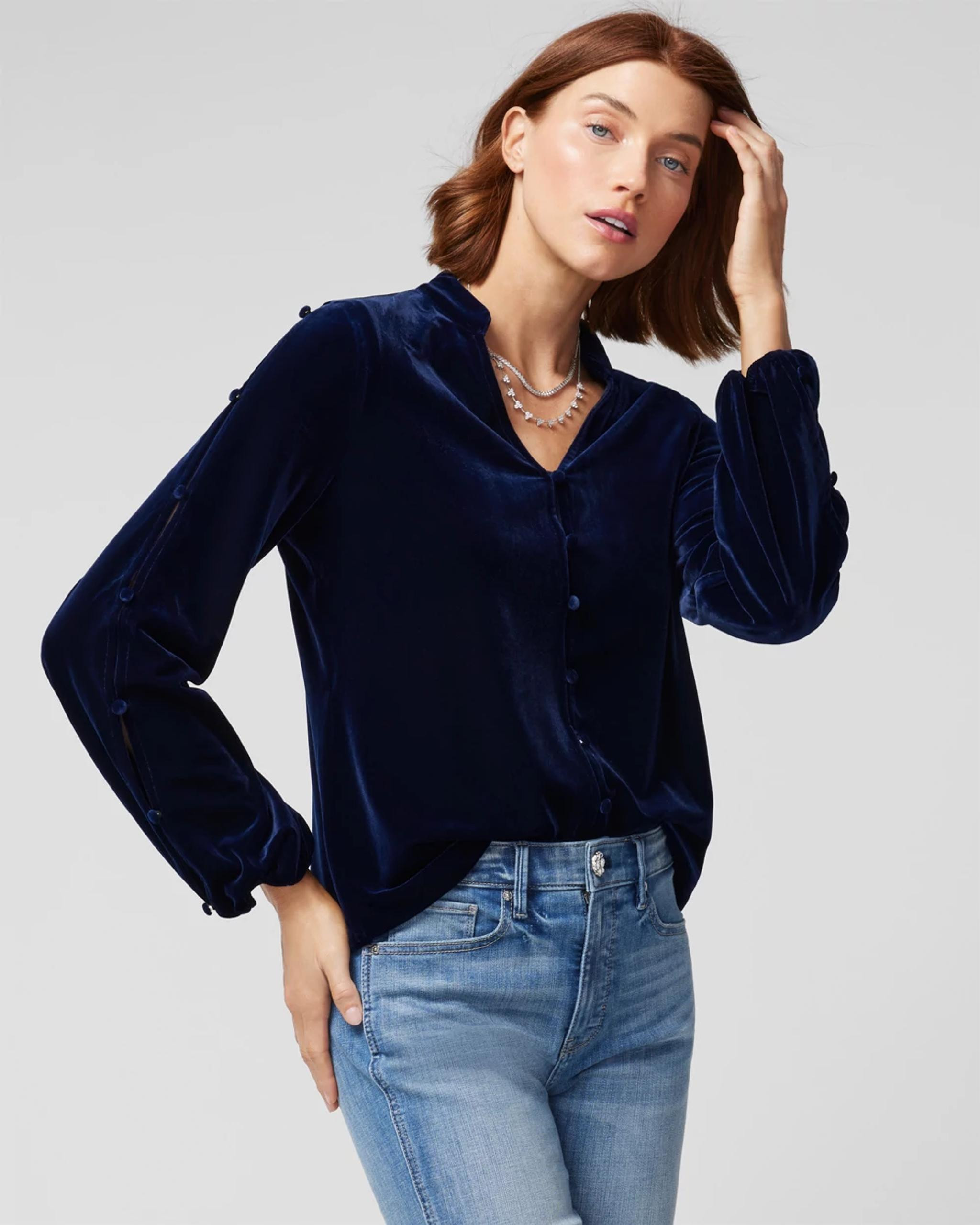 Long Sleeve V-Neck Velvet Blouse | White House Black Market