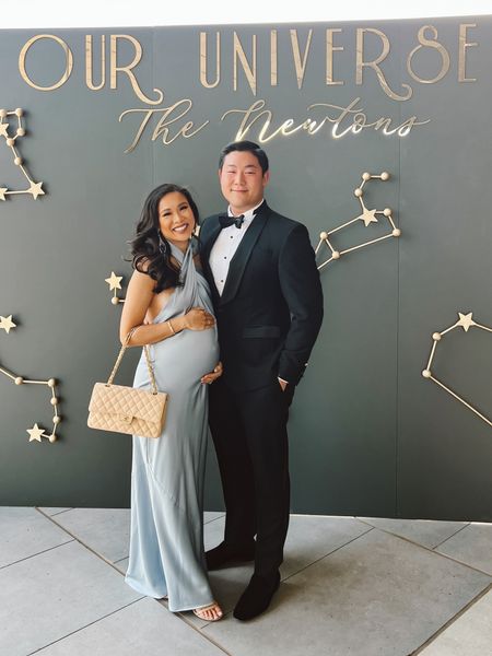 Wedding guest dress for a black tie bow renewal. Love this halter gown and it comes in tons of colors and is maternity friendly! Also linking my makeup, simple nude heels and Johnny’s velvet loafers  

#LTKbump #LTKwedding #LTKmens