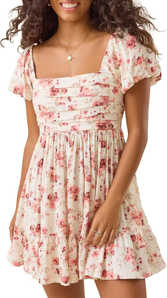 Floral Mini Dress for Women Puff Sleeve Fit and Flare Summer Dresses Casual Slip On Short Sleeve ... | Amazon (US)