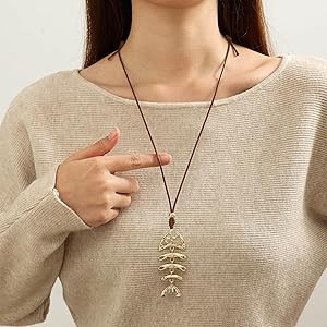 Gold Plated Chunky Pendant Long Necklace For Women, 3 Pendant Styles - Fish Bone, Crescent & Hear... | Amazon (US)
