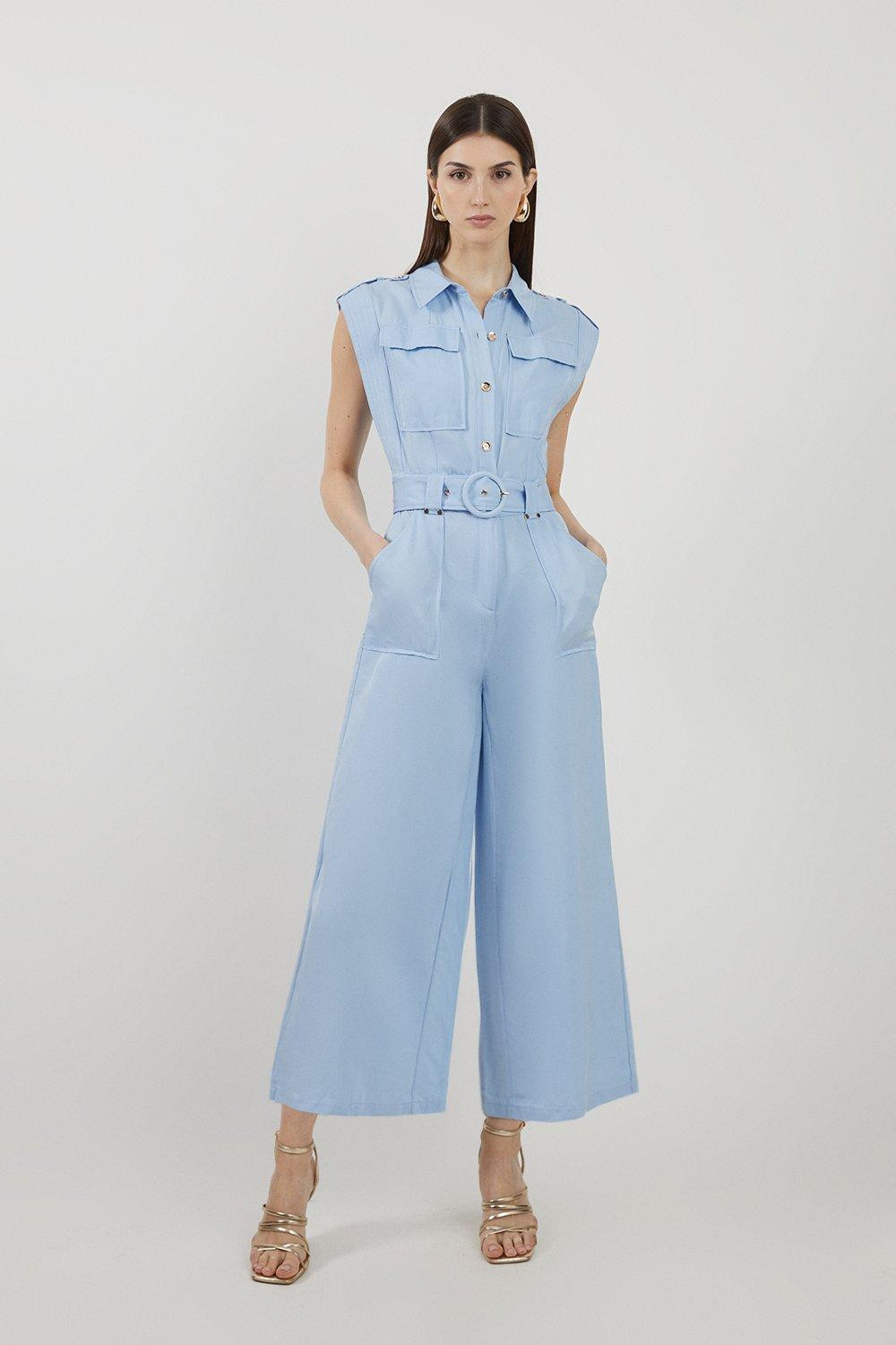 Premium Linen Viscose Topstitch Detail Utility Belted Woven Jumpsuit | Karen Millen US