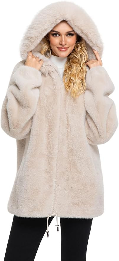 HOOD CREW Womens Winter Fuzzy Jackets Warm Hooded Faux Fur Coats Long Sleeve Shaggy Long Coat Out... | Amazon (US)
