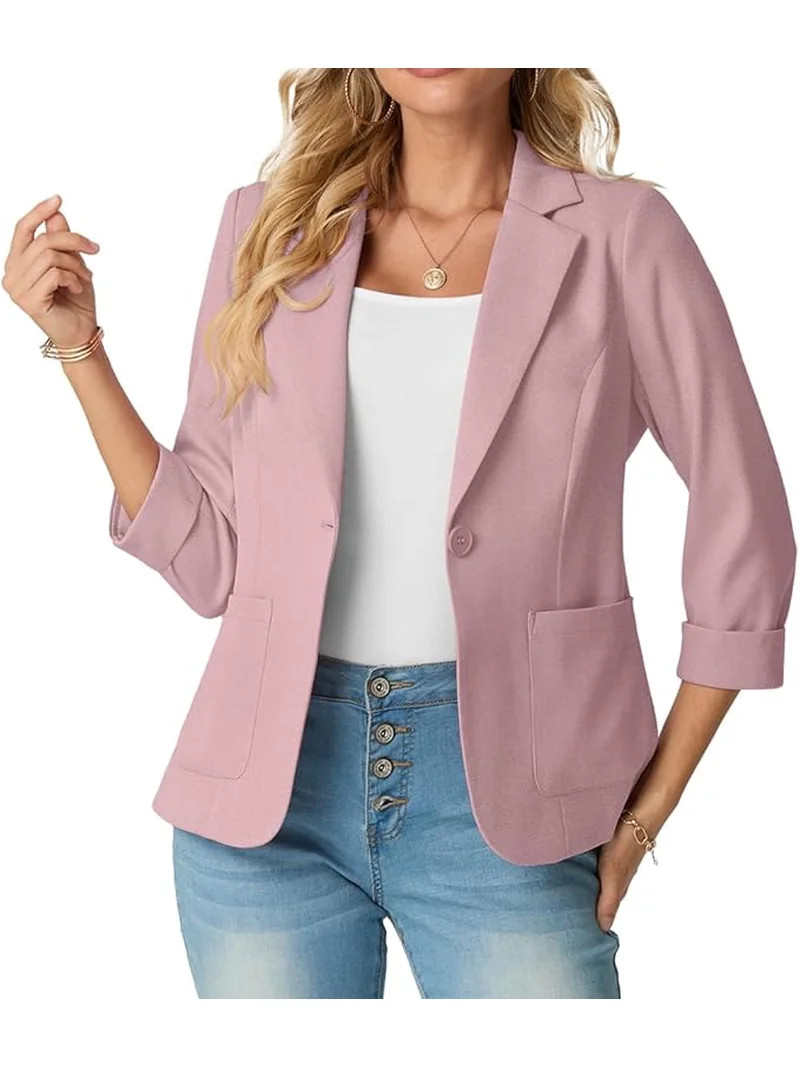 JWD Women's Slim Fit 3/4 Sleeve Notched Lapel Blazer - One Button Business Office Jacket with Poc... | Walmart (US)