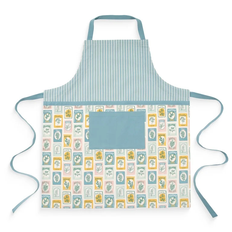 Mainstays Chef Kitchen Apron, 28" x 32" Cotton Apron with Pocket, Blue Herbs | Walmart (US)