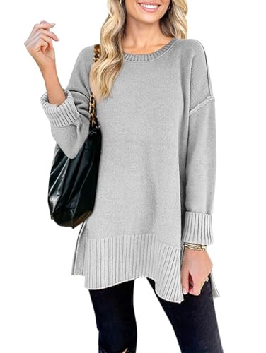 MEROKEETY Women's 2024 Fall Casual Crew Neck Side Split Pullover Sweater Loose Long Sleeve Jumper Top,LightGrey,M | Amazon (US)