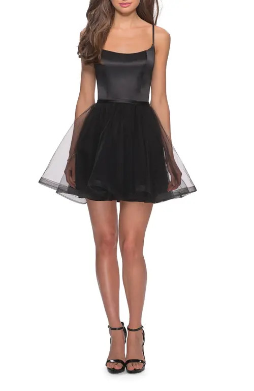 La Femme Satin & Tulle Fit & Flare Dress in Black at Nordstrom, Size 10 | Nordstrom