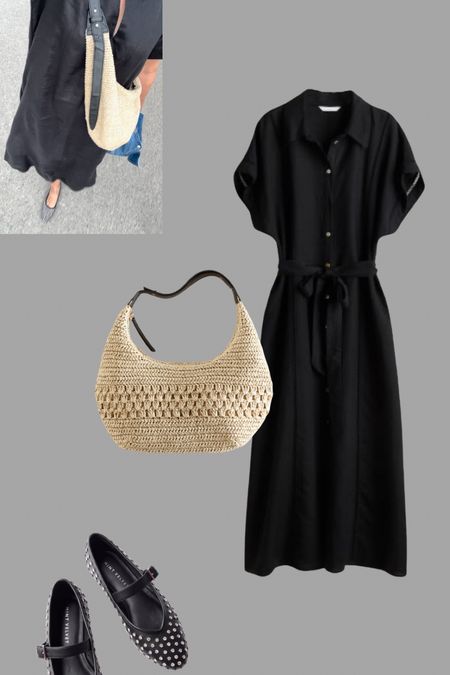 Black linen dress with rhinestone shoes and the perfect crossbody straw bag