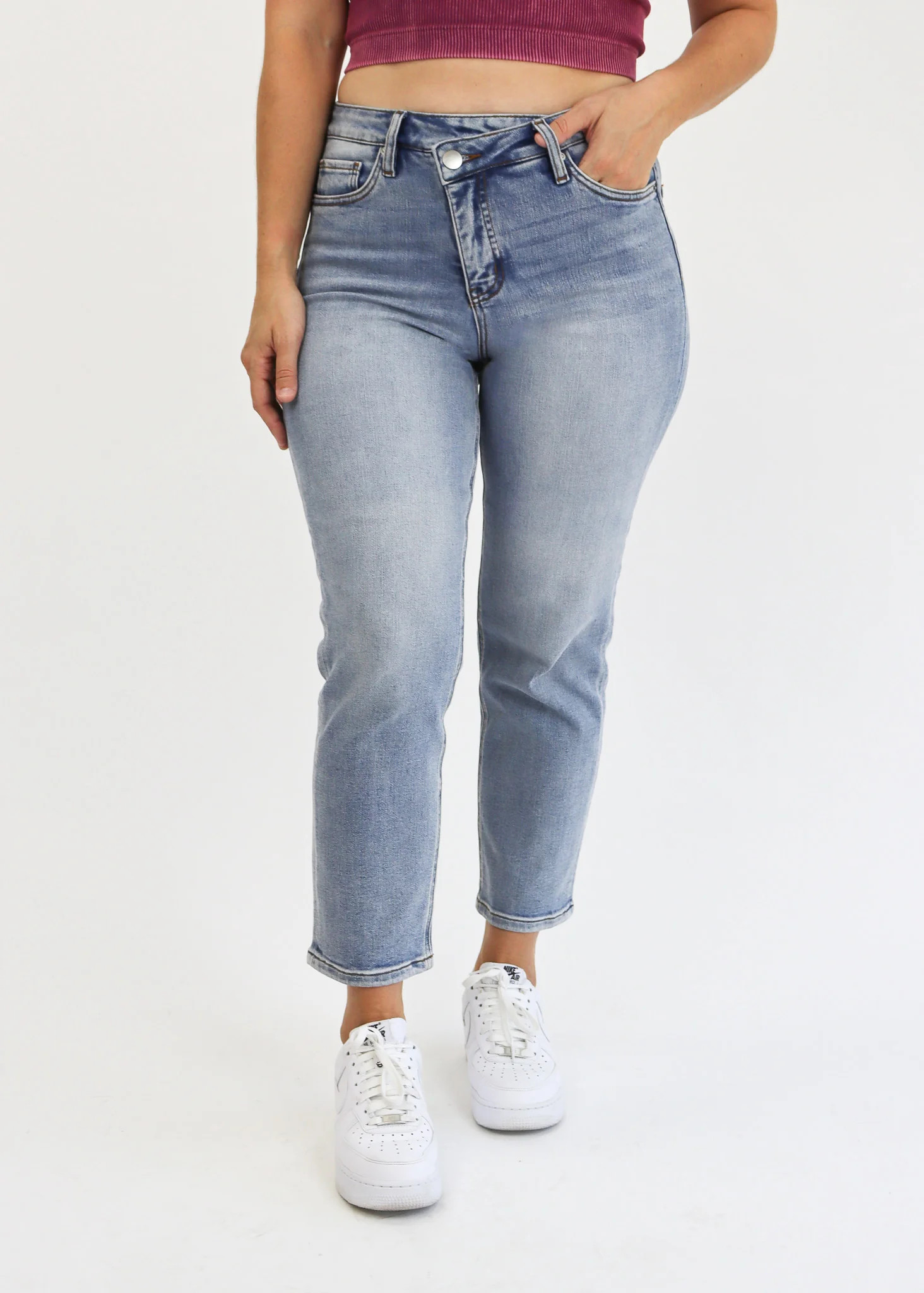 Tummy Control Cross Button Ankle Crop Slim Straight Jeans by RFM | Alexander Jane Boutique