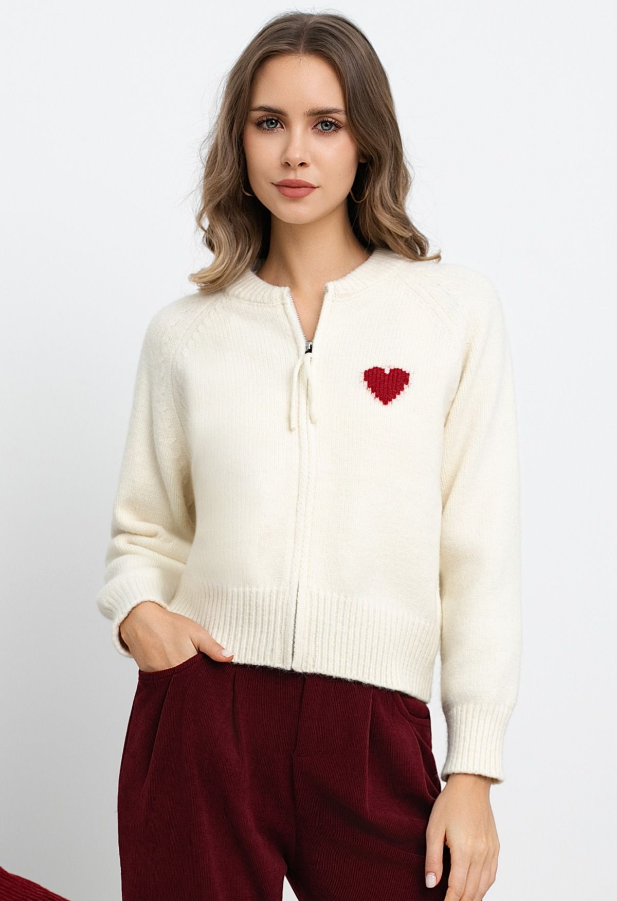 Heart Embellished Zip-Up Crew Neck Knit Cardigan in Cream | Chicwish