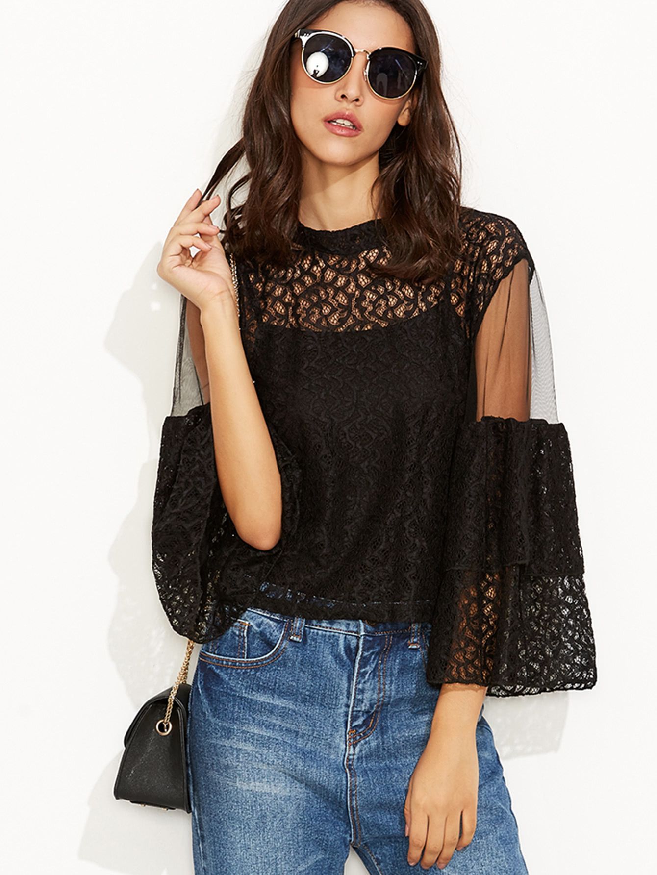 Black Lace Mesh Insert Keyhole Back Blouse With Cami Top | SHEIN
