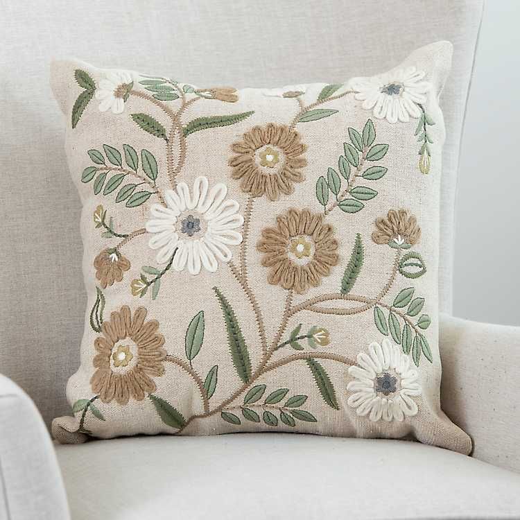 Neutral Embroidered Floral Pillow | Kirkland's Home