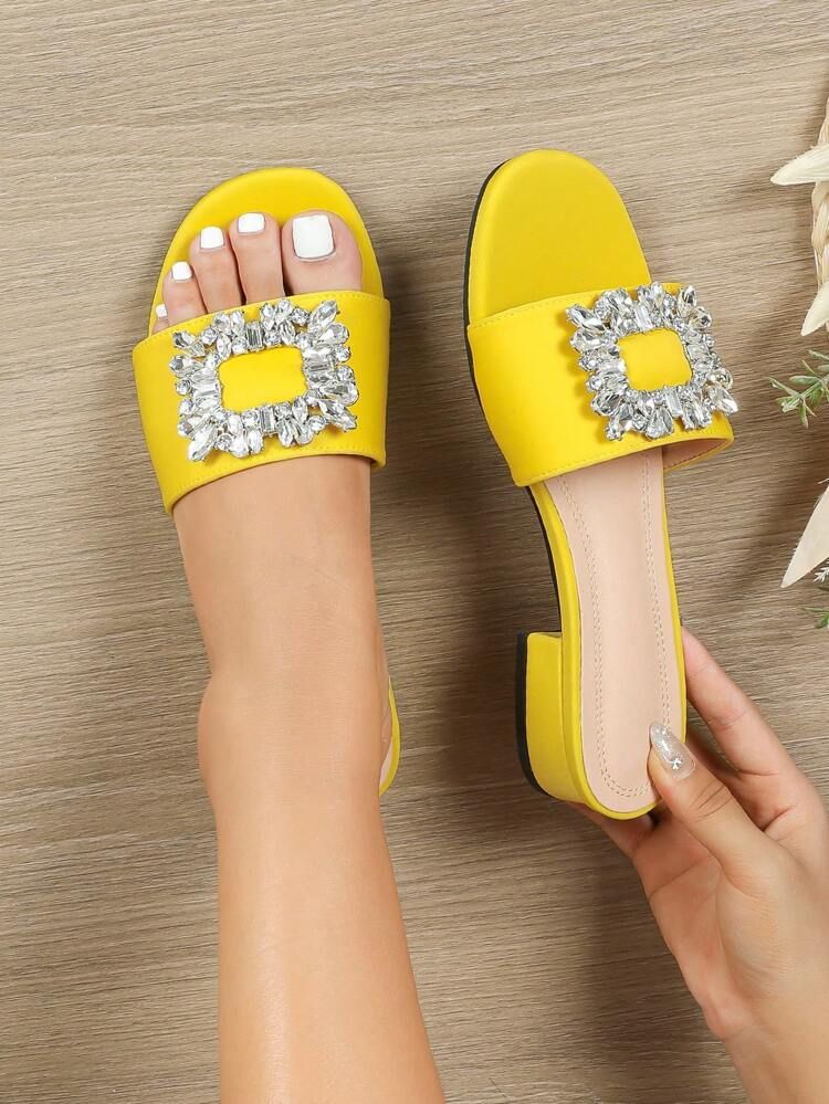 Women Rhinestone Decor Flat Sandals, Glamorous Yellow Summer Slide Sandals | SHEIN