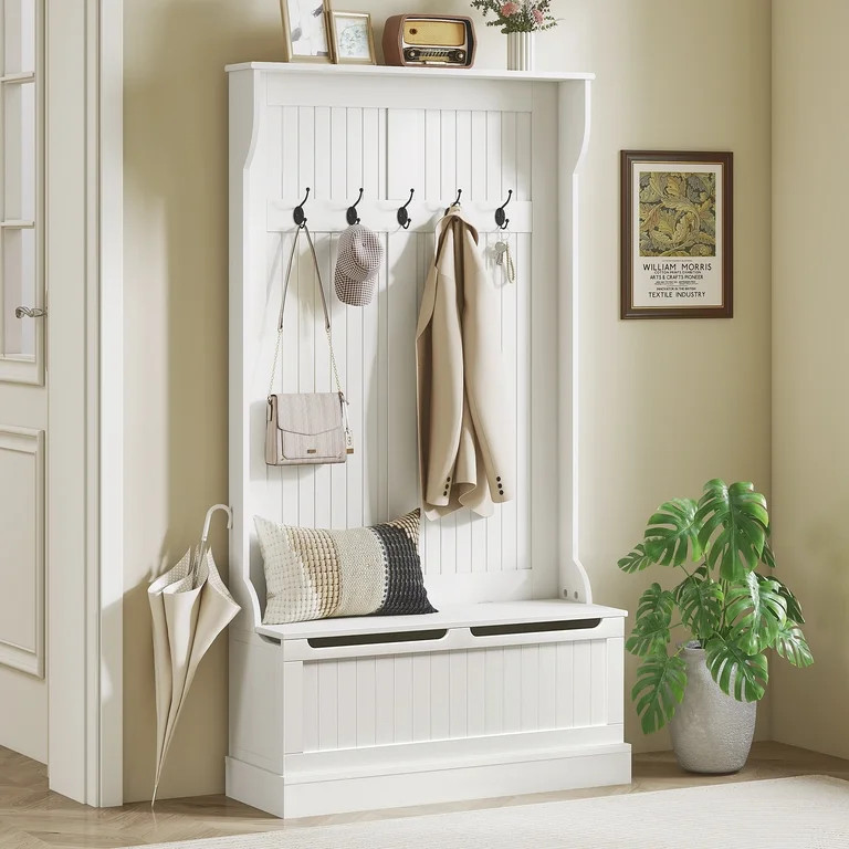 HOMCOM 3-In-1 Hall Tree Storage Bench and Coat Rack with 5 Steel Double Hooks, and Anti-Topple An... | Walmart (US)