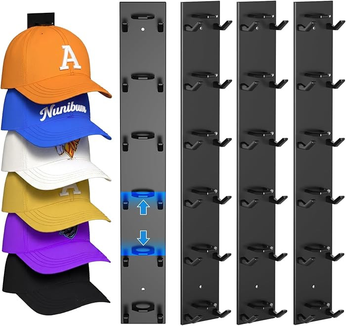 Hat Organizer for Baseball Caps 4 Pack, Hat Rack for Wall Hold up to 24 Hats with Strong Adhesive... | Amazon (US)