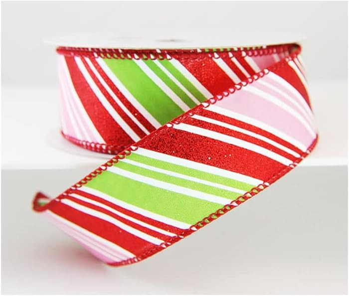 Wire Edged Seko Candy Cane Pink, Red and Lime Green Striped Christmas Ribbon 1 1/2" - 10 Yards | Amazon (US)