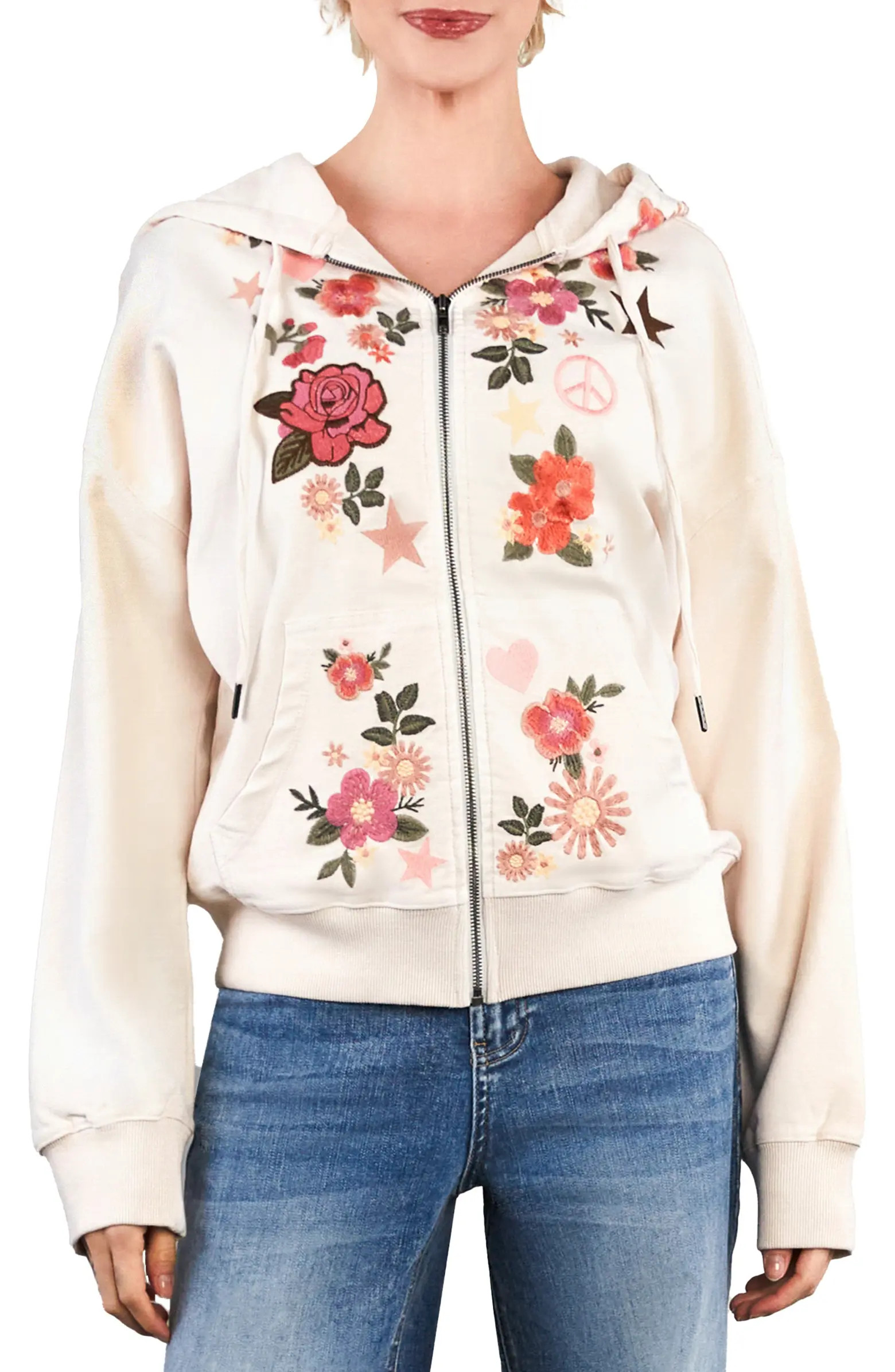 Camp Peace Floral Embroidered Denim Hoodie | Nordstrom