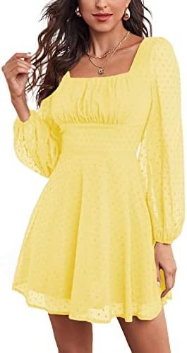 LYANER Women's Polka Dots Square Neck A line Long Sleeve Swiss Dots Mini Dress | Amazon (US)
