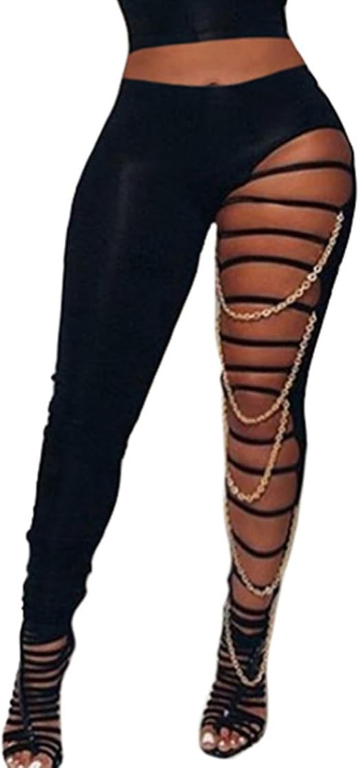 Women's Cut Out Sexy Leggings Ripped Mid Waist Tummy Control Full-Length Skinny Pants with Chain ... | Amazon (US)