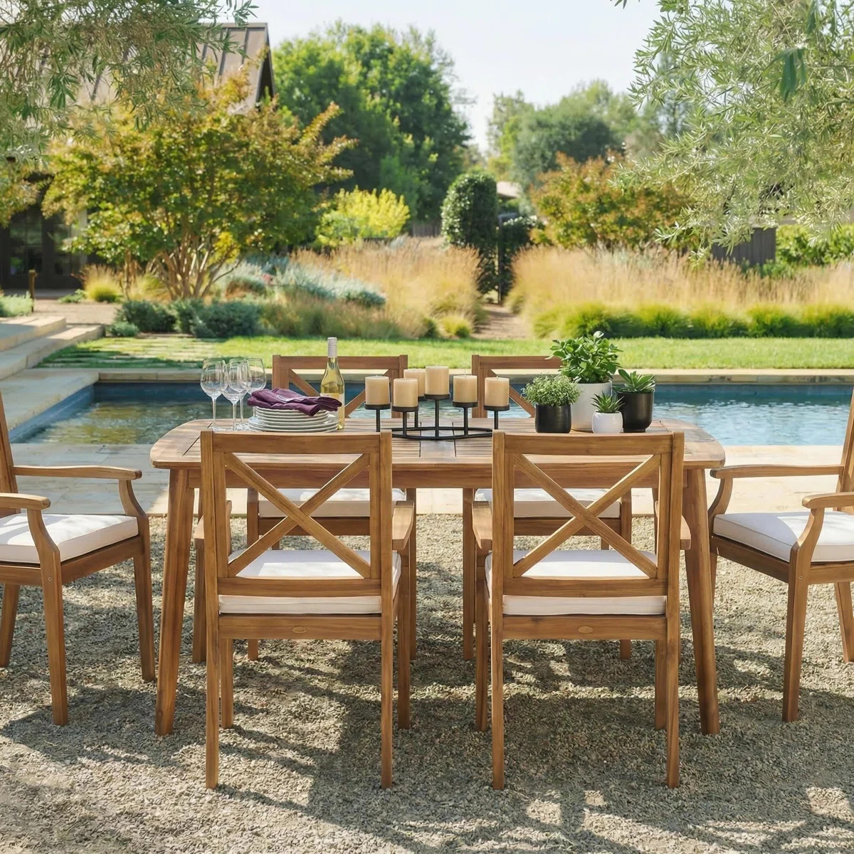 Ortonville 6 - Person Wood Patio Dining Set with Rectangular Table , Cushions Included | Wayfair North America