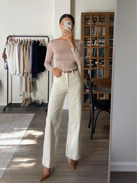 Spring workwear/ business casual 

• white wide leg jeans - tts MMLaFleur 
• linked similar heel option 

#LTKstyletip #LTKworkwear