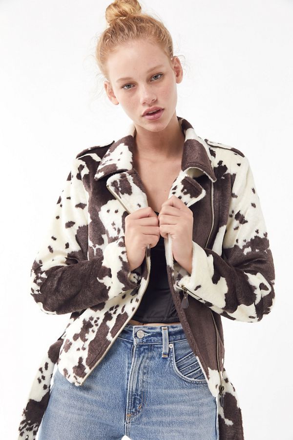 UO Cow Print Faux Fur Moto Jacket | Urban Outfitters (US and RoW)