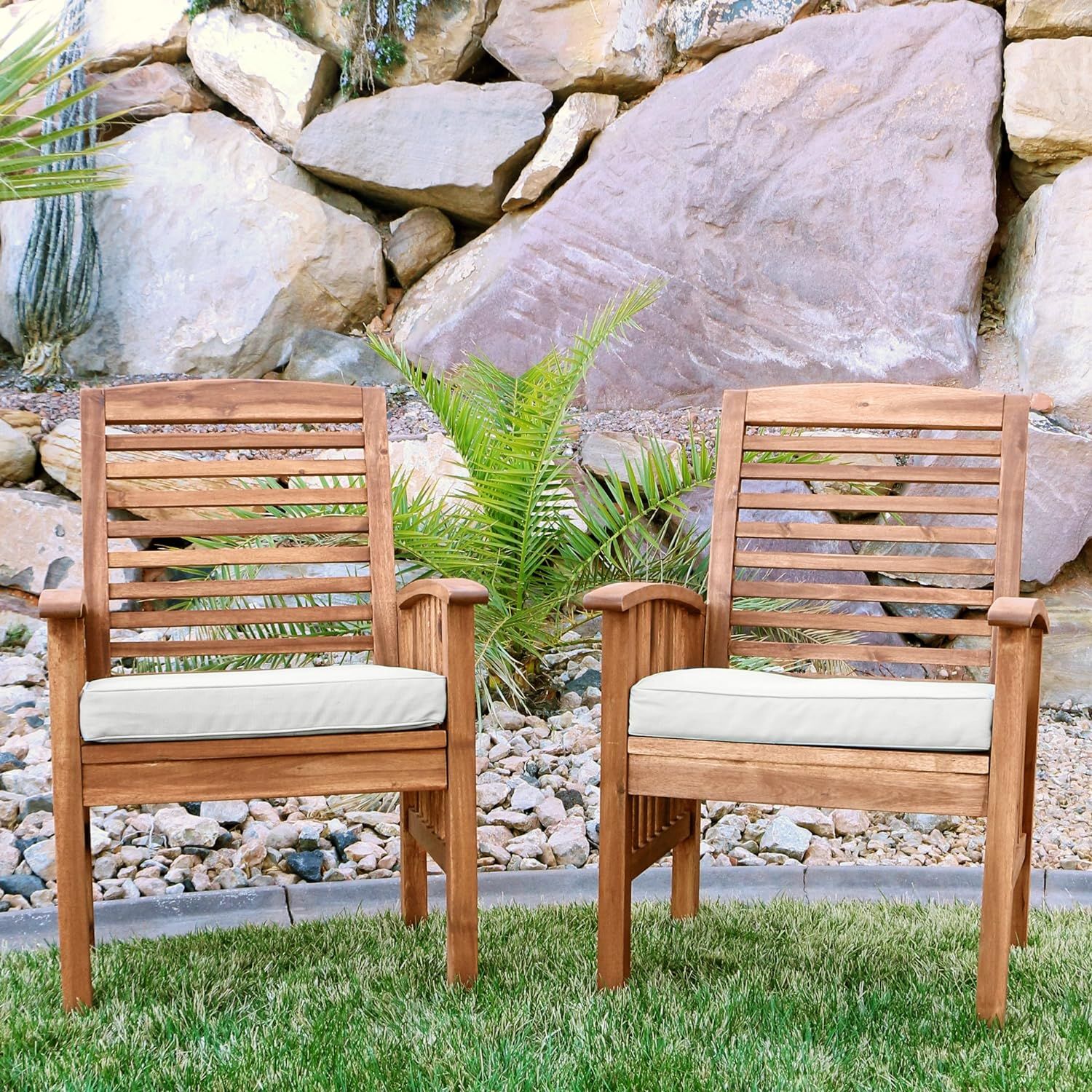 Walker Edison Furniture Company Solid Acacia Wood Patio Chairs (Set of 2) - Brown | Amazon (US)