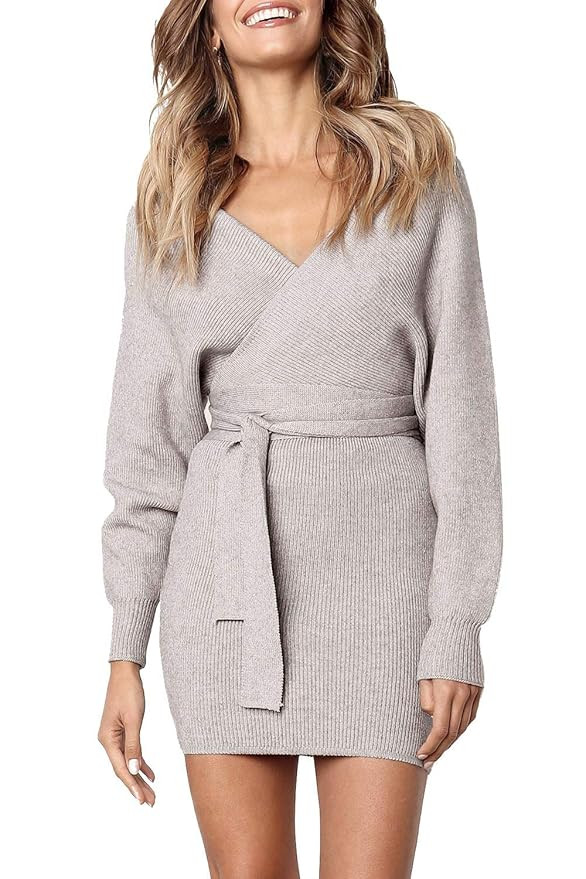 Huaxiafan Women's Sexy V Neck Wrap Belted Batwing Long Sleeve Backless Pencil Bodycon Knitted Min... | Amazon (US)