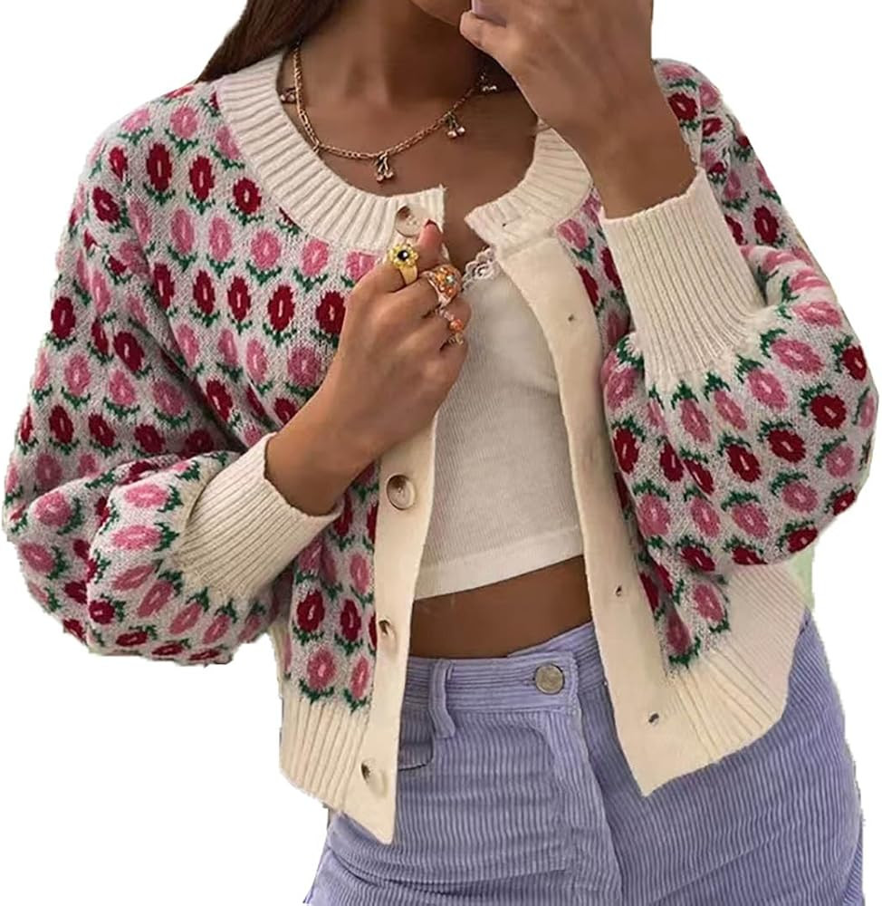 Women 2024 Fall Winter Knit Cardigan Sweaters Flower Open Front Button Down Loose Cropped Cardiga... | Amazon (US)