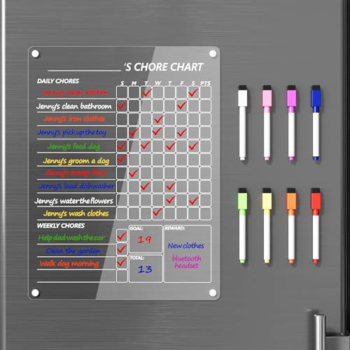 Neatsure Acrylic Magnetic Chore Chart for Fridge, Clear Dry Erase Chores Chart for Refrigerator, Responsibility Reward Planning Board for Teens Family, w/ 8 Colors Markers, 12"x9" | Amazon (US)