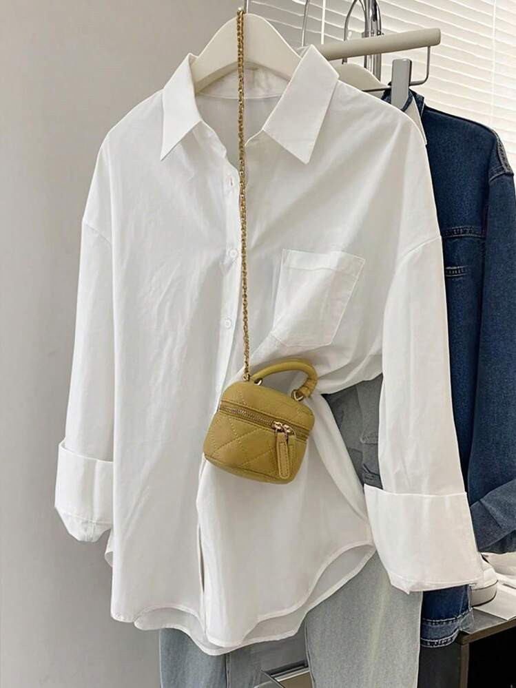 INAWLY Plus Size Women's Solid Color Long Sleeve Single-Breasted Pocket Shirt | SHEIN